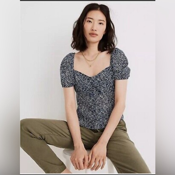 Madewell Sweetheart Blouse Top In Bengali Blockprint Size 4 Blue and White - Picture 1 of 10